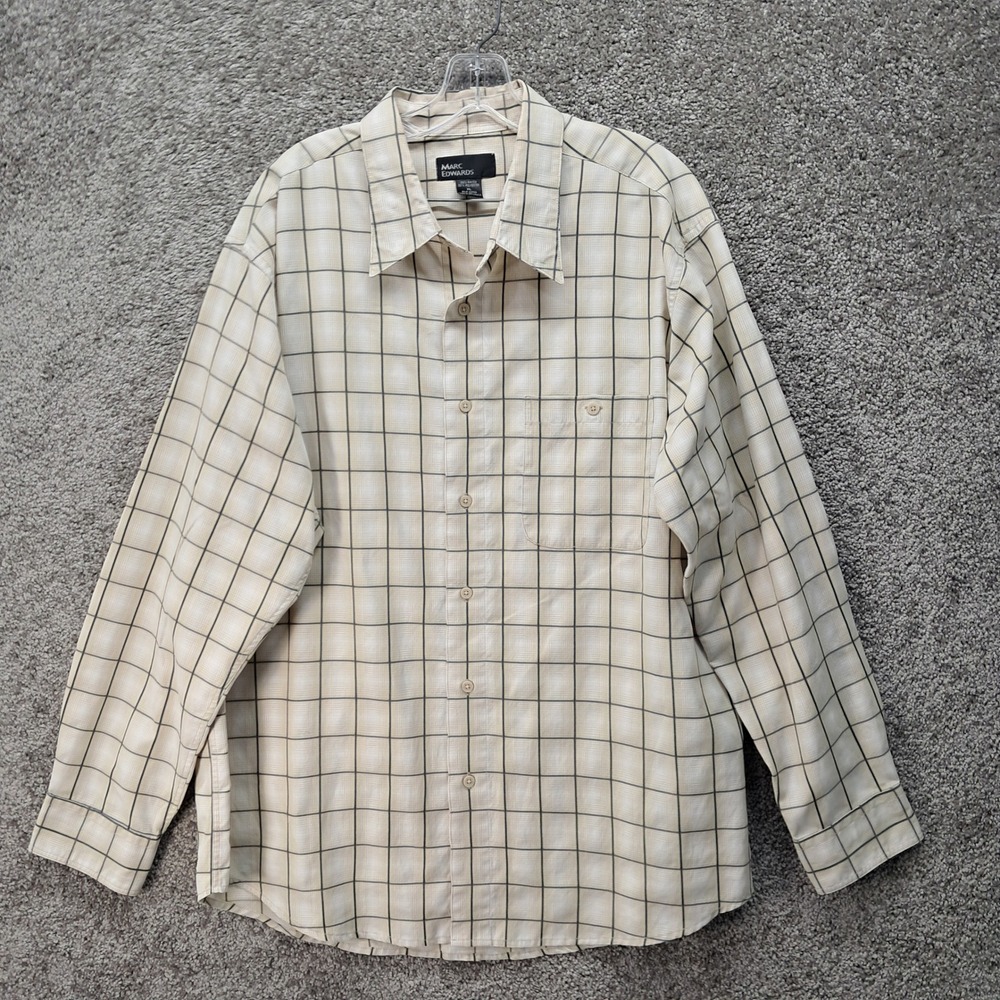 Marc Edwards Mens XL Cream Tan Windowpane Plaid Long Sleeve Button Down Shirt